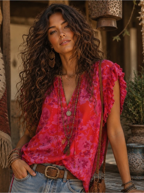 Olivaceous Tops - Olivaceous Fuchsia Pink Floral Ruffle Sleeve V-Neck Blouse size Large